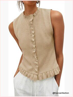 Sleeveless Ruffle Button Down Knit Vest Top Trendy Going Out Tank